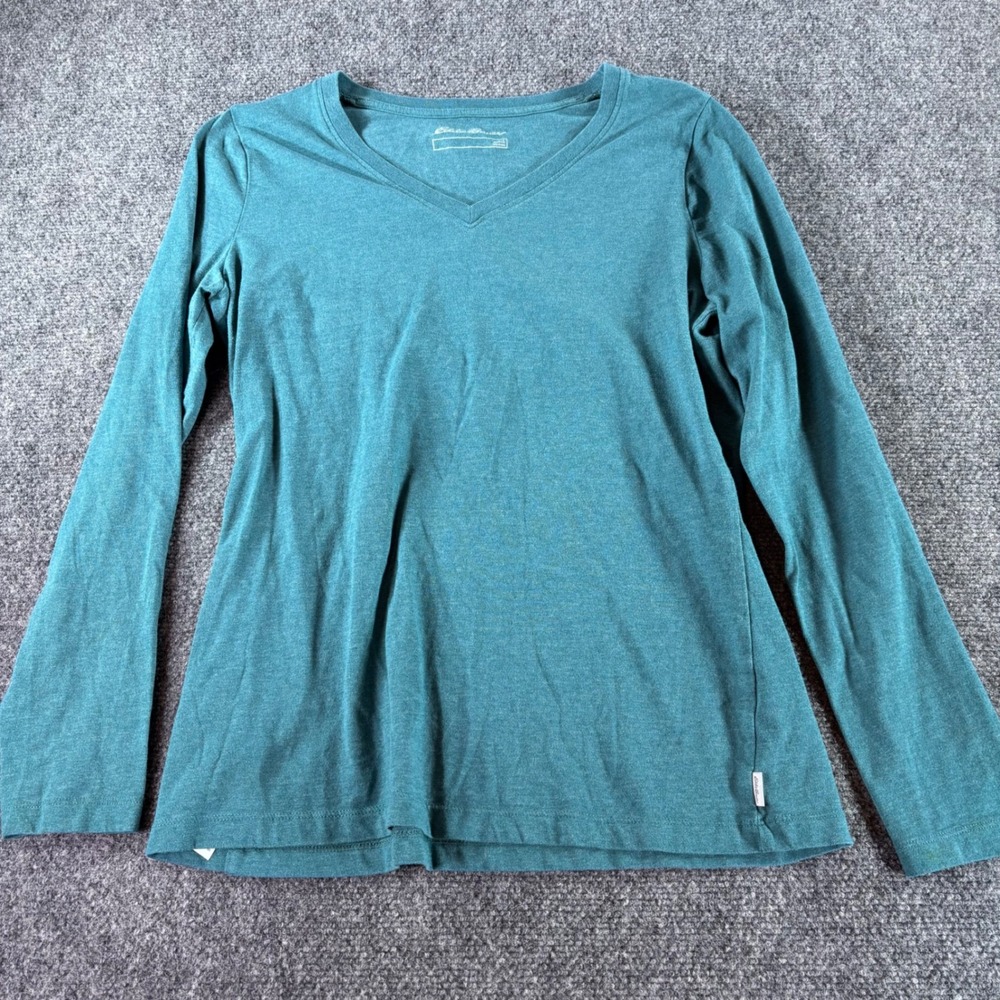 Eddie Bauer V-Neck‎ Top Womens Large Teal Long Sleeve Cotton Blend Heathered Tee